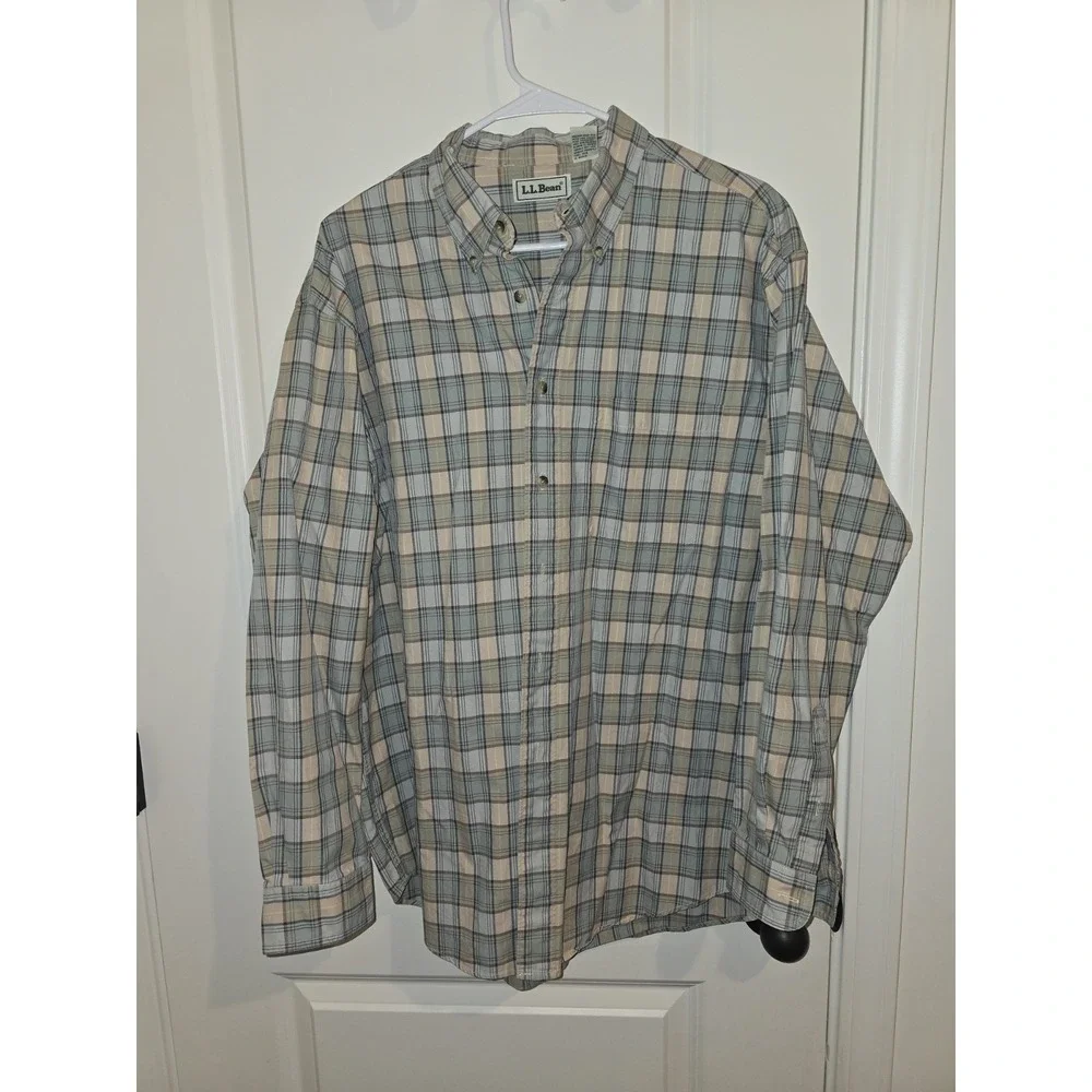 L.L. Bean Men's L Plaid Flannel Button Down Shirt Blue Green Tan Casual Outdoor
